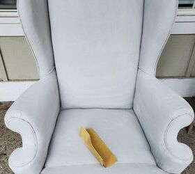 how to paint a fabric chair with chalk paint, Using 120 grit sandpaper to sand the fabric of chair