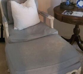 how to paint a fabric chair with chalk paint, Antique French chair and ottoman Painted with same colors Paris Grey and Original