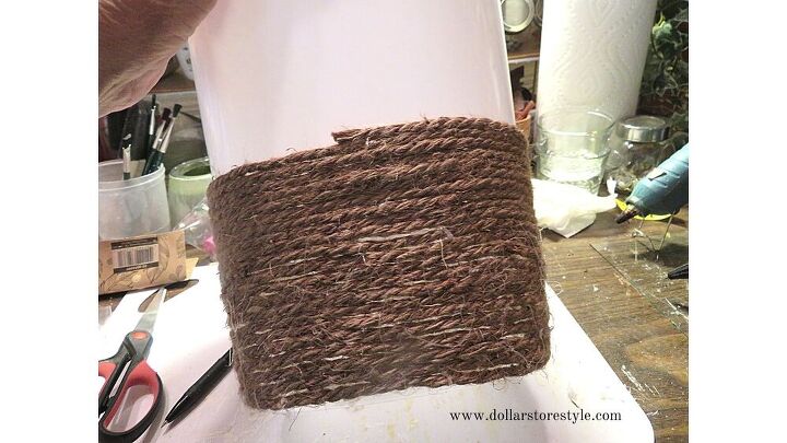 giving a dollar tree wastebasket a nautical vibe