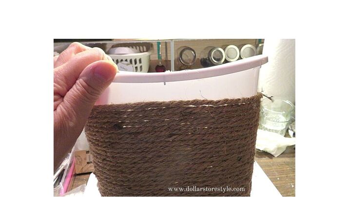 giving a dollar tree wastebasket a nautical vibe
