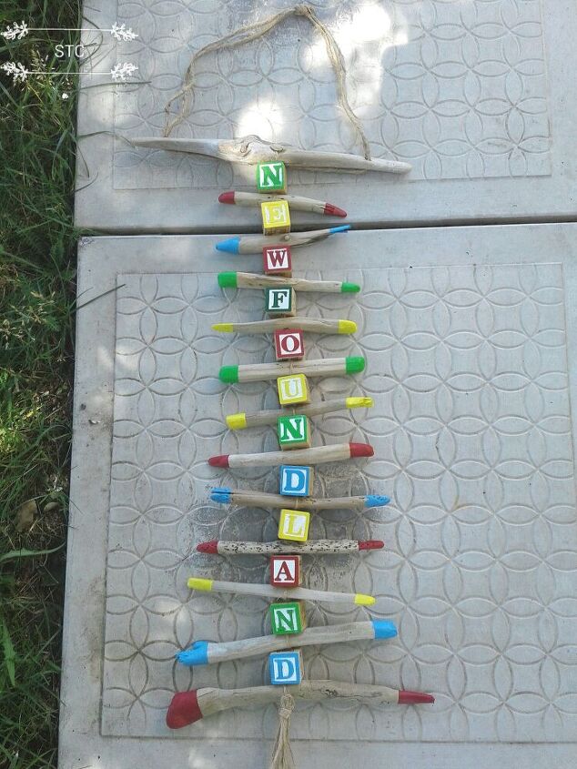 how i turned alphabet blocks and driftwood into garden decor, Colorful Mobile Completed