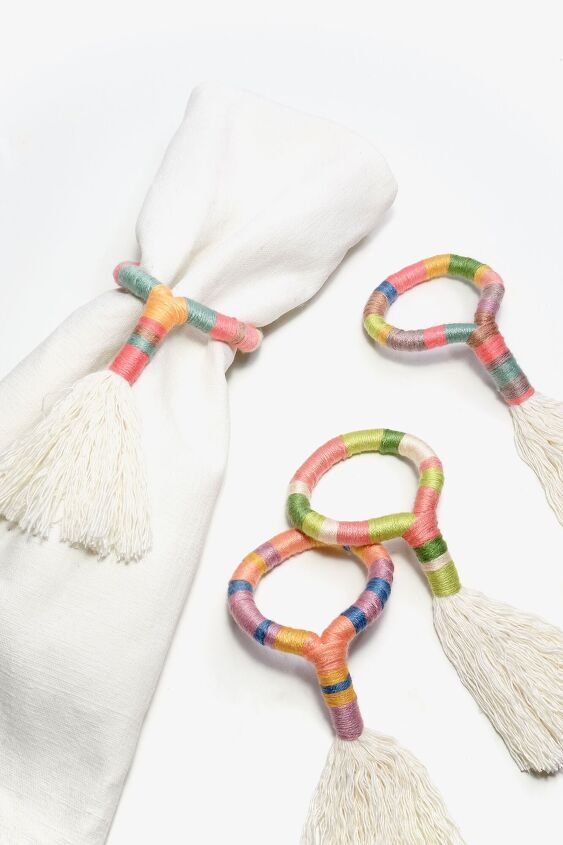 s 15 thrifty new ideas to copy for your next tablescape, Embroider colorful napkin rings