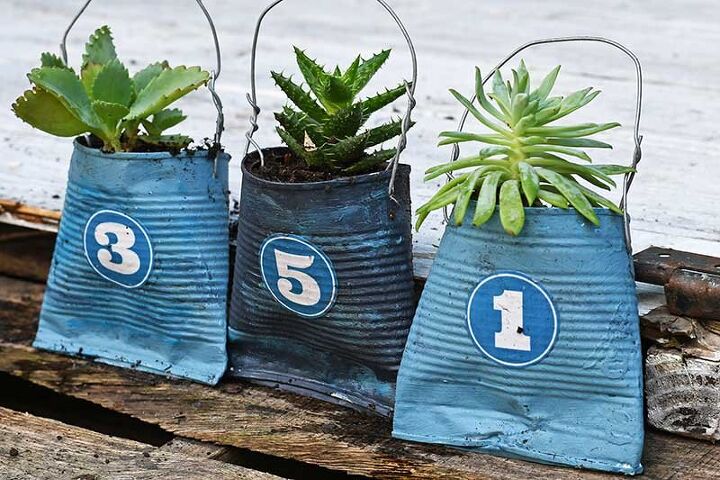 tin can number planters for the front door