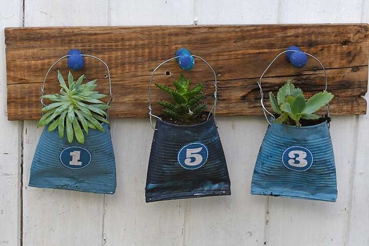 tin can number planters for the front door