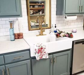 our best tips and tricks on how to paint kitchen cabinets, white farmhouse sink with gold faucet