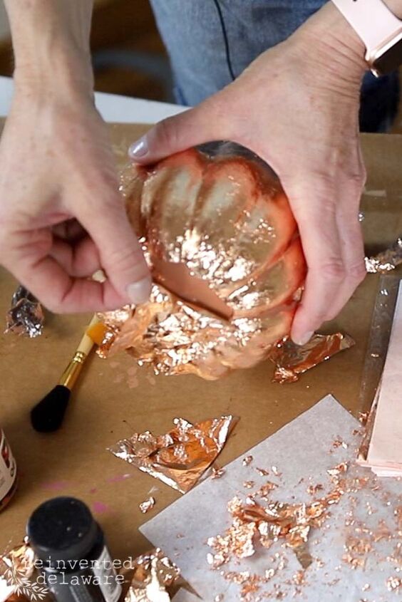 learn how to copper leaf a pumpkin, please pardon the blurring screenshot from the YouTube video