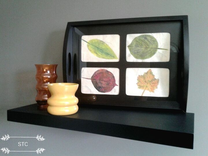 creating leaf art to style a fall frame tray, Upright display