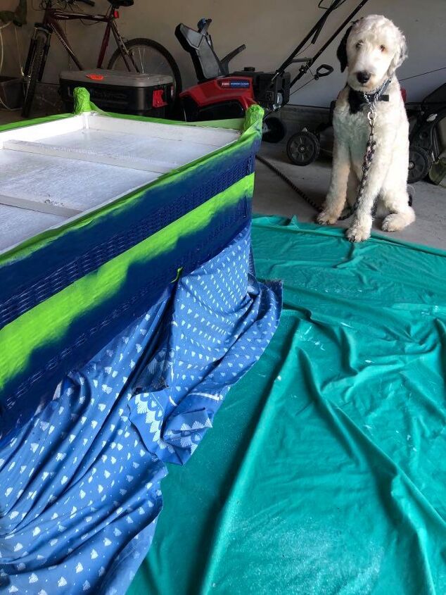 wicker trunk magic with super friends rust oleum and frogtape, Our loyal sheep a doodle Bentley was at my side being very patient a rarity for him