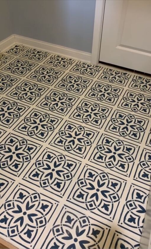 laundry room stenciled floor tile