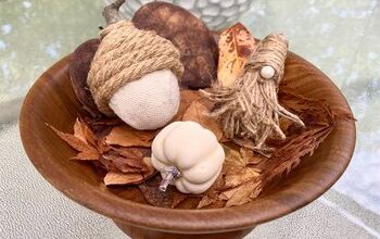  Bolota DIY, Tassel Gnome, uma abóbora e folhas preservadas em uma tigela de madeira