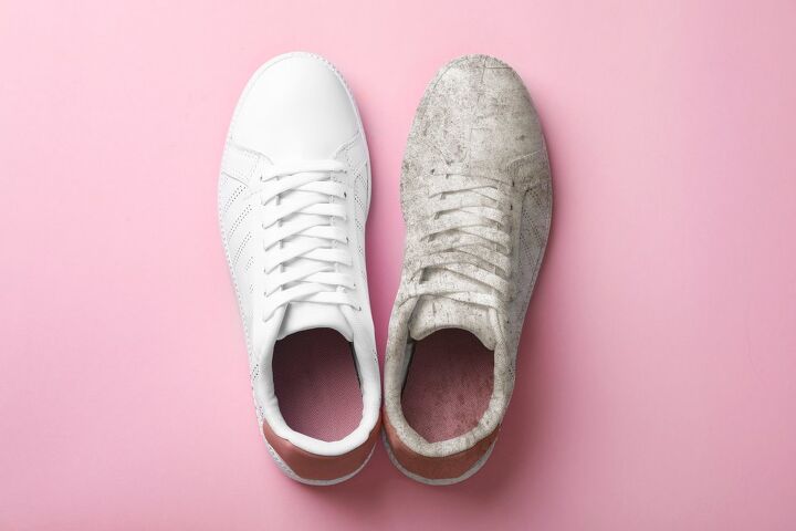how to clean white shoes so they look brand new, A pair of white shoes with a dirty one on the right side and a clean one on the left side