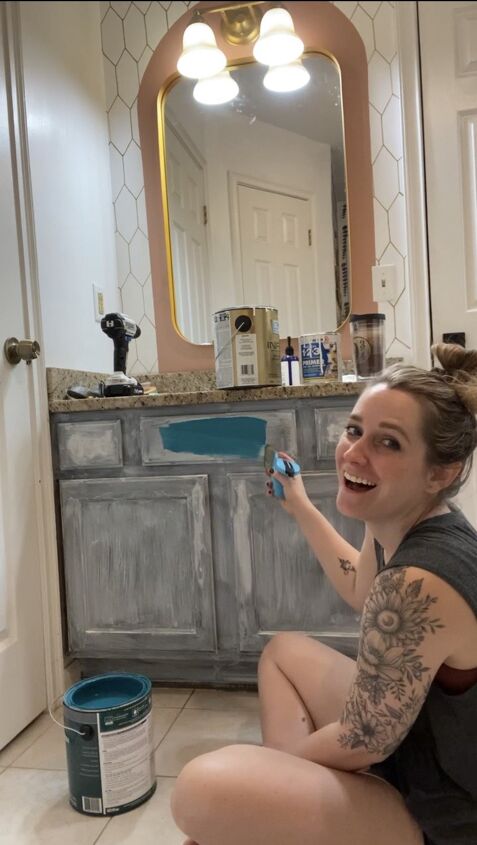 painting with cabinet enamel budget bathroom makeover part 2, This color makes me so happy