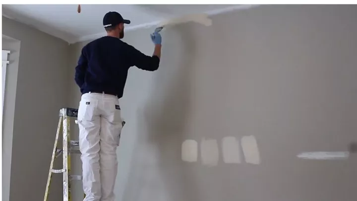 a step by step guide on how to paint a room, Person standing on ladder cutting in with paint