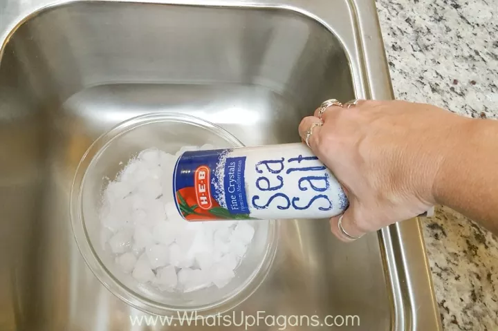 how to clean your garbage disposal and get it smelling fresh again, hand pouring salt into ice filled garbage disposal
