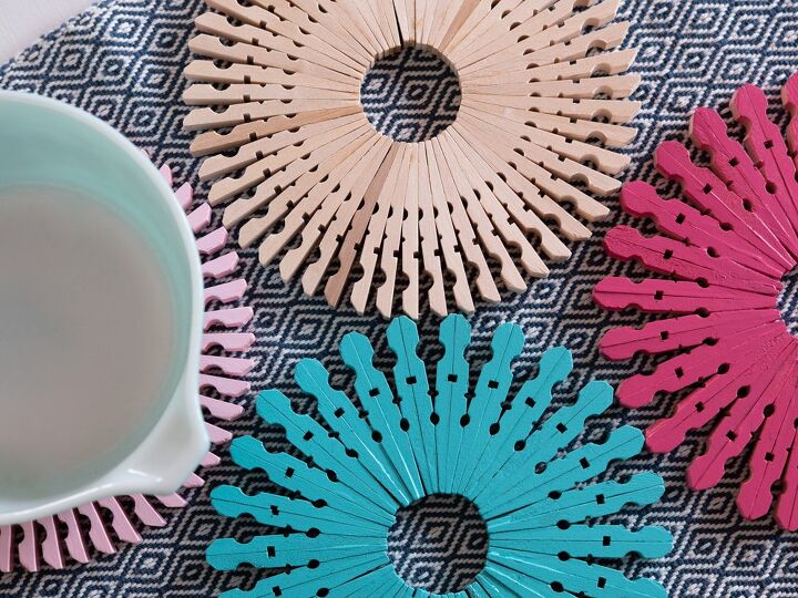 s 18 inexpensive ways to make your kitchen prettier and more organized, Spray paint pretty clothespin trivets