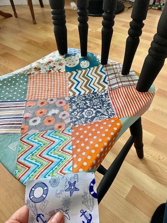 how to pimp up an old chair to a patchwork must have, Cover seat back