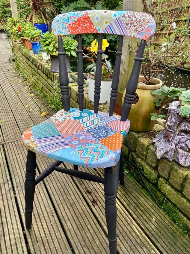 how to pimp up an old chair to a patchwork must have, Decoupaged chair