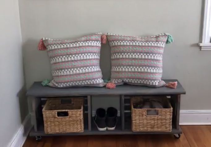 s 10 incredible ways to turn michaels crates into home decor, Her rustic bench on wheels