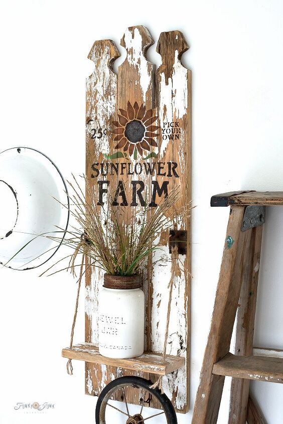 build a cute fall sunflower sign with shelf from fence pickets, The finished sign shelf