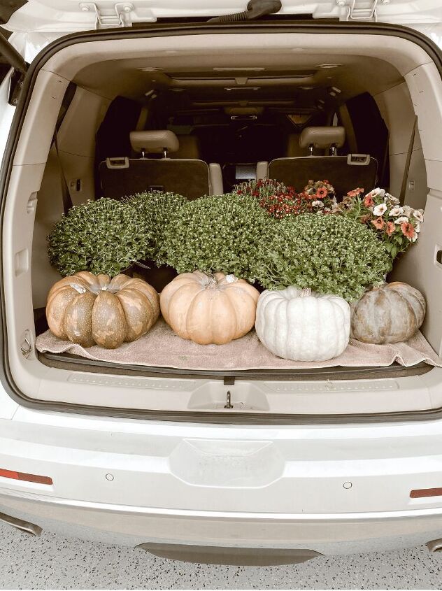 tips and tricks for styling a fall front porch, You can see how most of my mums here have no blooms to them yet And also here s another little bonus tip for you lay towels down in your trunk to place all the mums and pumpkins on That way you don t get your car all dirty bringing everything home too