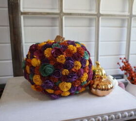 s the 28 most genius fall decorating ideas of 2021, Her colorful flower pumpkin