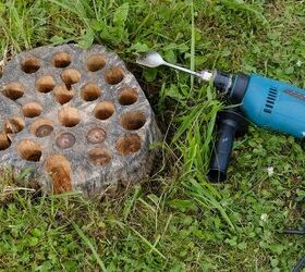 how to kill a tree stump in 7 different ways, tree stump with large holes and a drill with spade bit