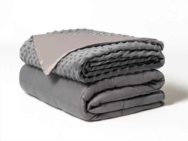 las 7 mejores mantas trmicas para confortar a los que duermen con calor, una manta gris con peso doblada con un exterior de lunares difusos