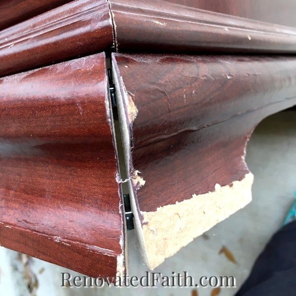 how to paint and stain laminate furniture the ultimate guide, This is the water damaged corner but you can easily see how thin the top layer of laminate is and then the particleboard underneath