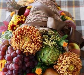 diy thanksgiving table centerpiece with fruit veggies and flowers