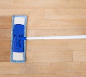 how to clean hardwood floors naturally and without damaging them, blue dust mop against hardwood floors