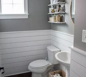 how to fix a wobbly toilet in a matter of minutes, powder room with gray walls and white shiplap