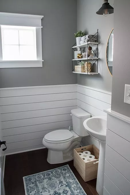 how to fix a wobbly toilet, powder room with gray walls and white shiplap