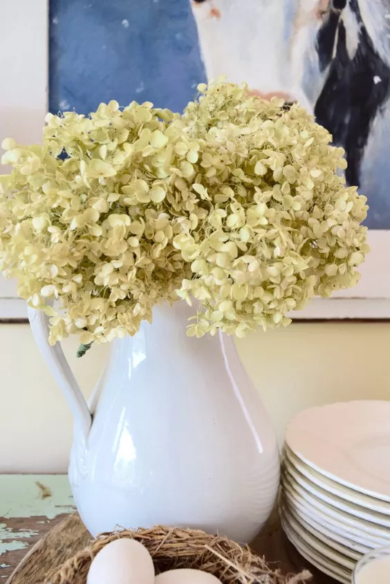 como secar hortensias y decorar con ellas, hortensias secas amarillas expuestas en una jarra blanca