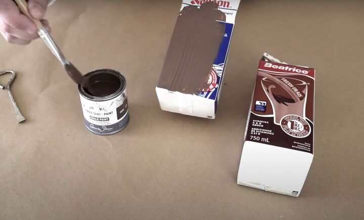 the easiest milk carton gingerbread house in a few steps, Painting a milk carton with brown chalk paint