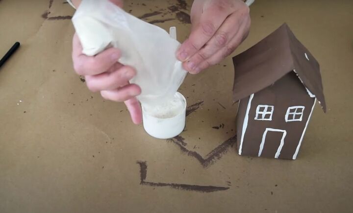 the easiest milk carton gingerbread house in a few steps, Adding fusion fresco powder to white paint to make fake snow