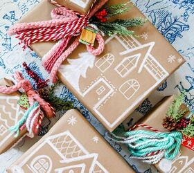 Envoltorio de regalo navideño con forma de casa de pan de jengibre
