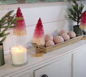 make a pink ombre christmas tree with this easy tutorial, Red and pink ombre bottle brush trees on a mantle