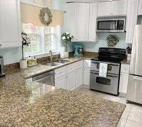 how to clean and disinfect granite countertops, granite countertops in kitchen with white cabinets