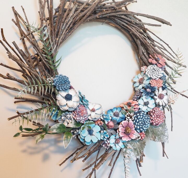 flower pine cones twig wreath