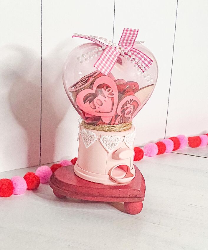 dollar tree valentine s day gumball machine makeover, heart shaped gumball machine decorated with Valentine s Day decor