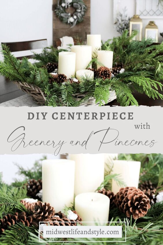 diy centerpiece with greenery and pinecones