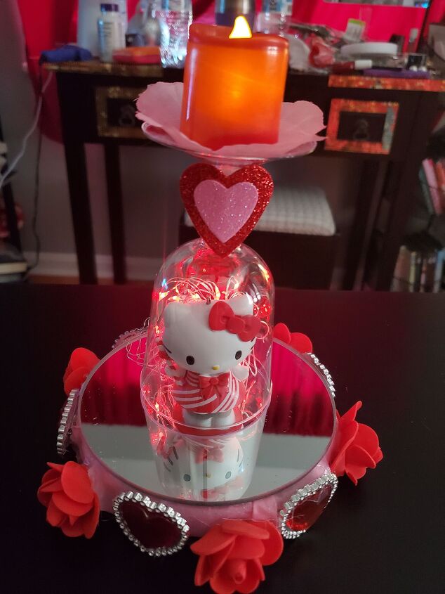 glam diy valentine s day candle centerpiece holder, Hello Kitty wineglass centerpiece