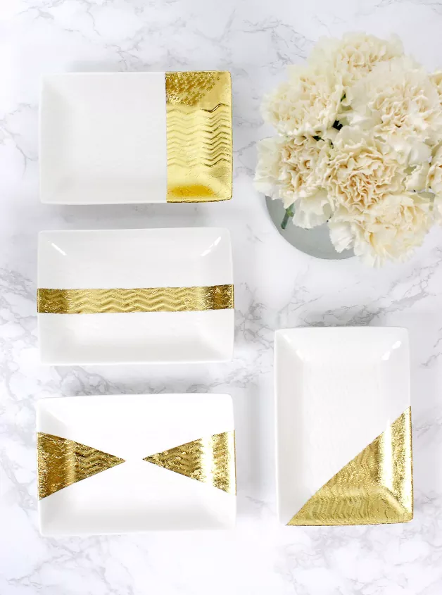 how to apply gold leaf, gold leaf white jewelry dishes