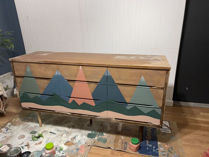mcm geometric mountain mural dresser