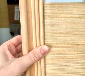 how to update a builder basic door, Attach thinner trim to hide the plywood ends