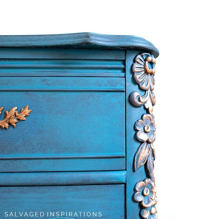 blue velvet dresser with amber gold accents