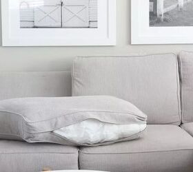 how to restuff couch cushions and bring them back to life, unzipped gray couch cushion laid on a couch