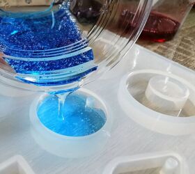 how to make silicone molds for seriously creative craft projects, blue silicone being poured into a clear bowl