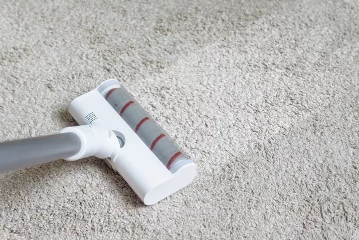 how to clean a vacuum, gray and white stick vacuum over white carpet