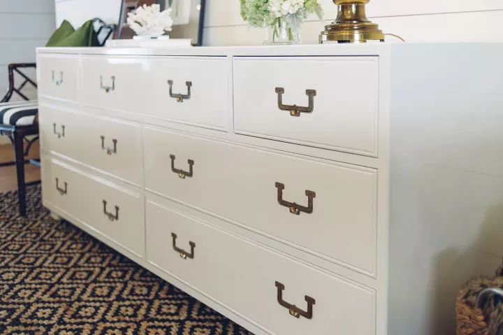 how to refinish a dresser, white dresser with gold hardware